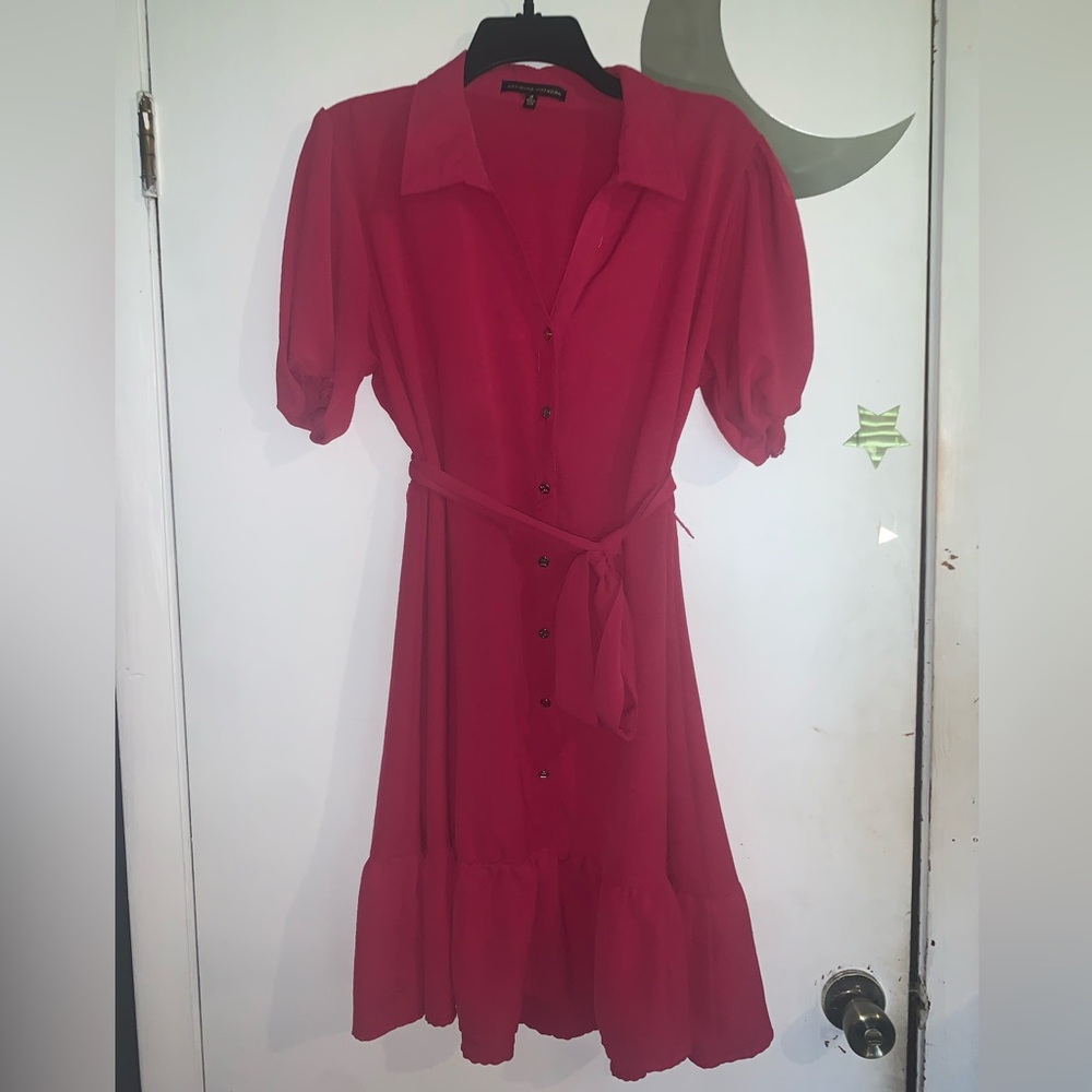 Pink dress, with read buttons and cloth belt. Puffy shoulders.
